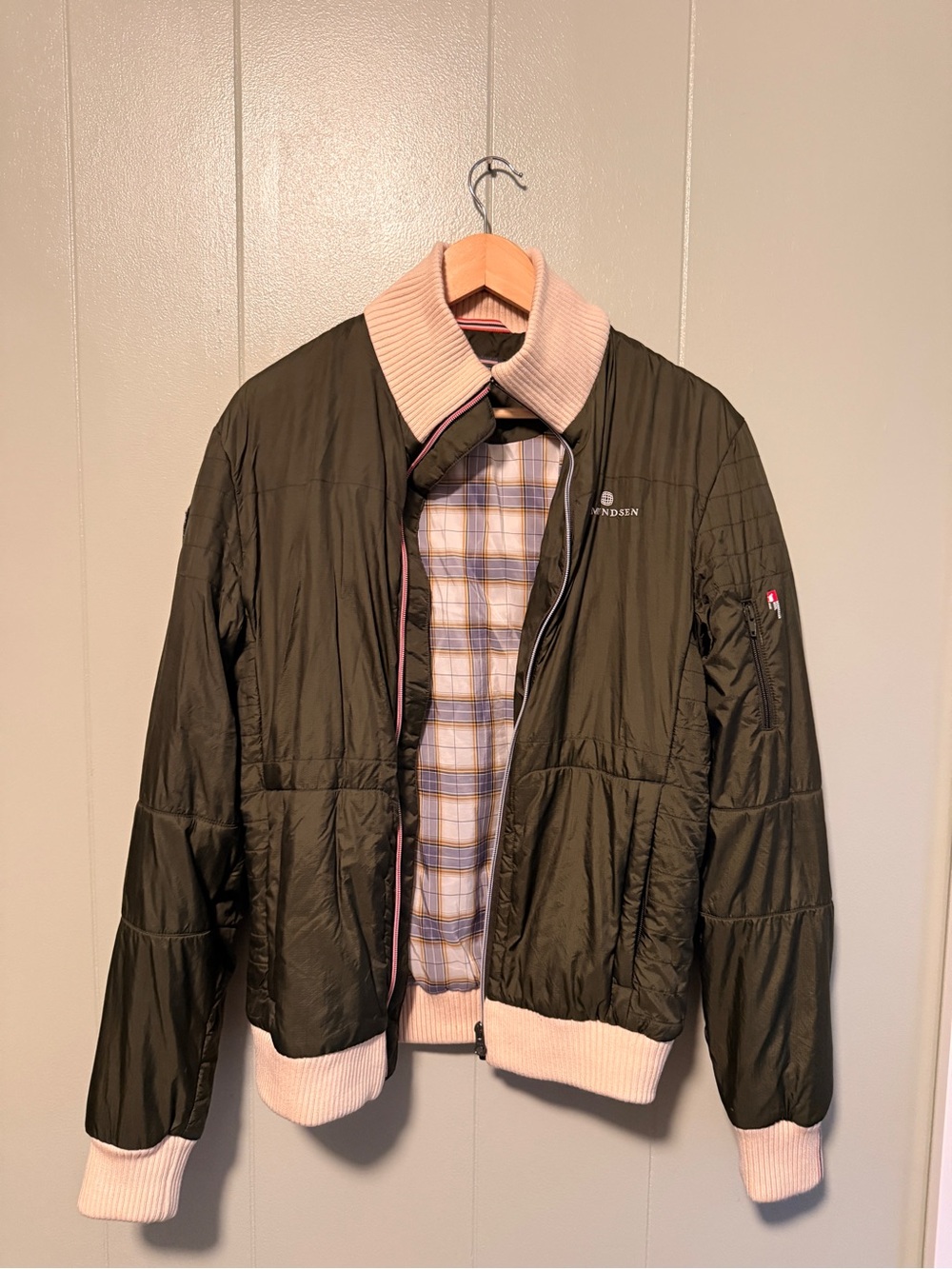Amundsen Olive Green Quilted Bomber Jacket with Cream Trim